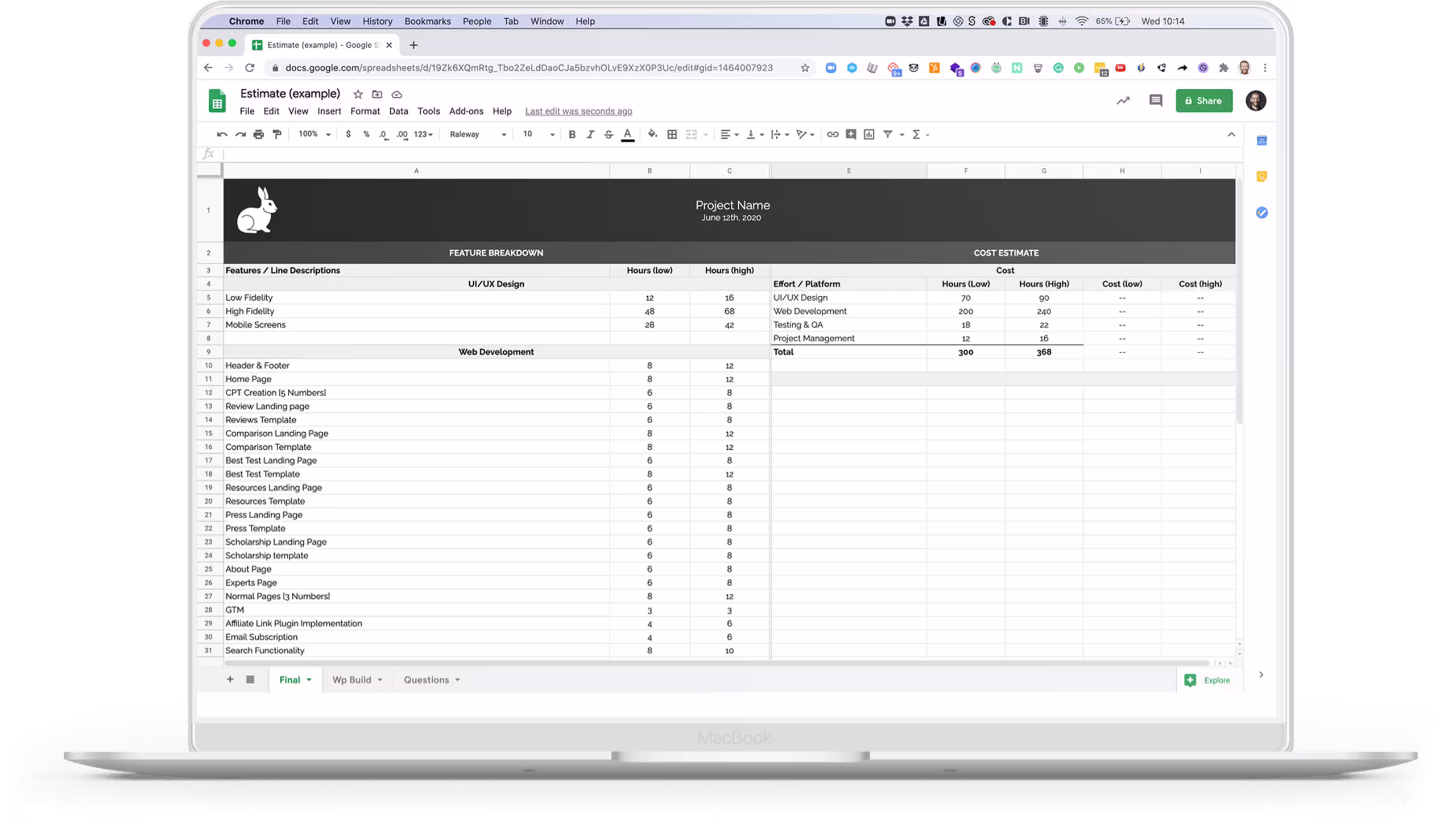 Example of project estimate breakdown