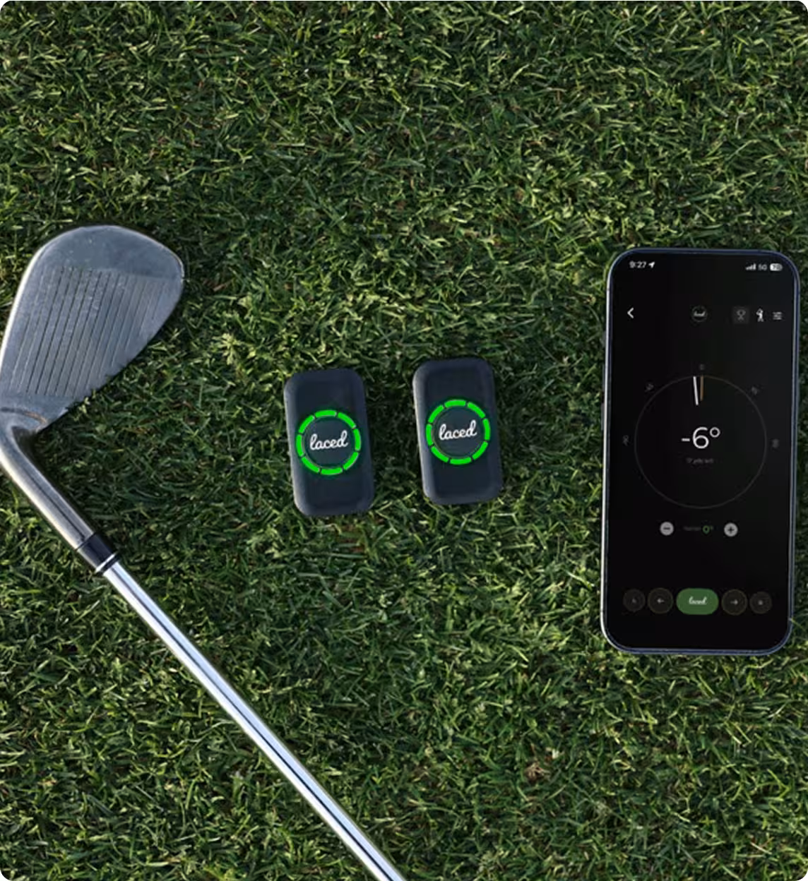 Laced Golf sensors, iron and app on turf