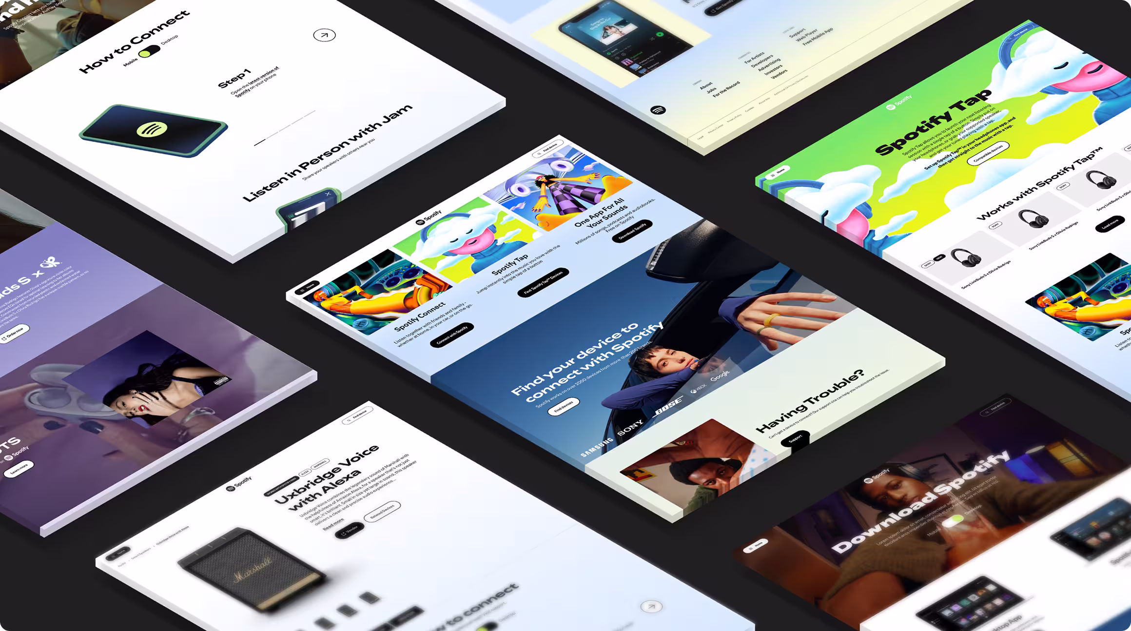 Spotify web pages shown in isometric layout