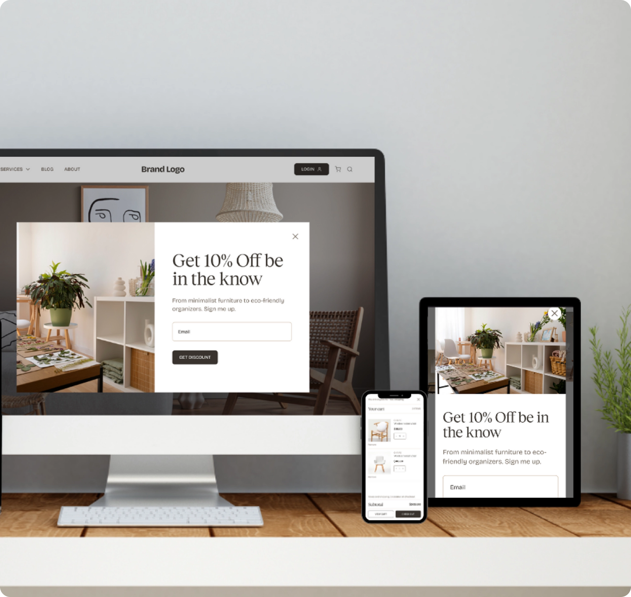 Responsive website layouts shown on desktop, tablet, and phone screens.