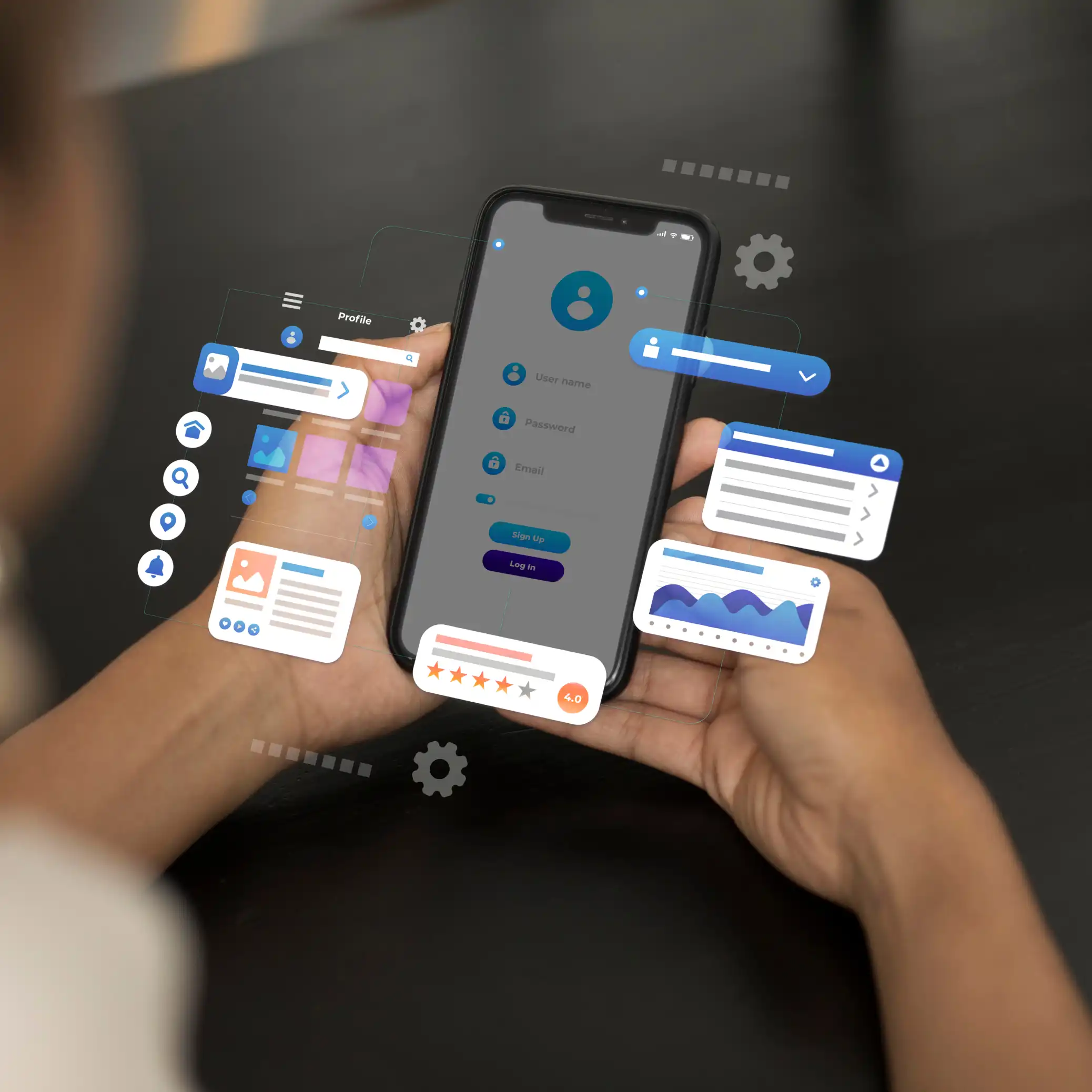 Hands holding a phone with customizable layout and content options.